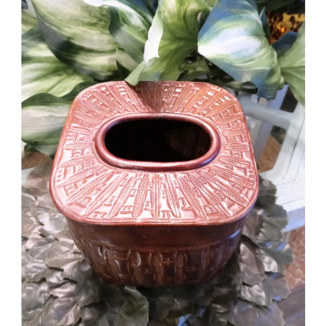 Traditional Vintage Metal Dark Faux Wood Tone, Faux Bamboo Tissue Box Cover Holder For Sale - Image 3 of 5