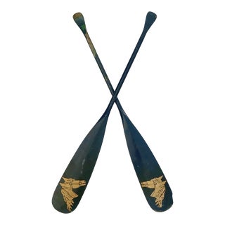Vintage Blue and Gold Canoe Paddles W/Hand Painted Horse Heads, Pair For Sale