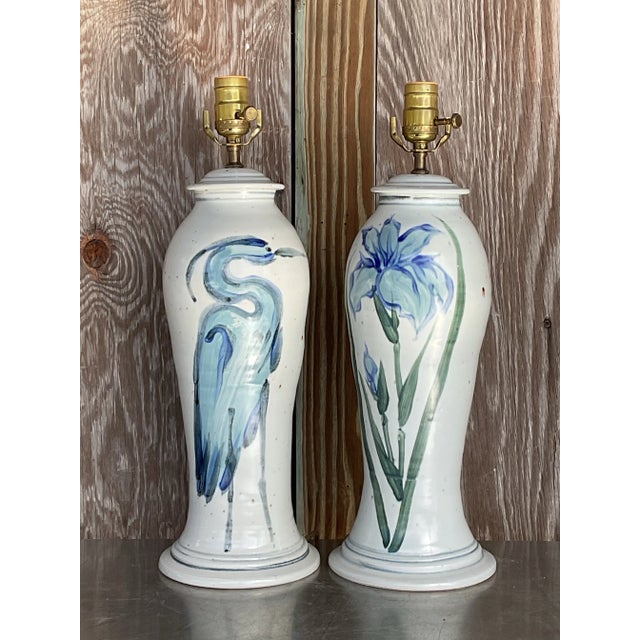 Mid 20th Century Vintage Hand Painted Ceramic Crane Bamboo Motif - Pair For Sale - Image 5 of 8
