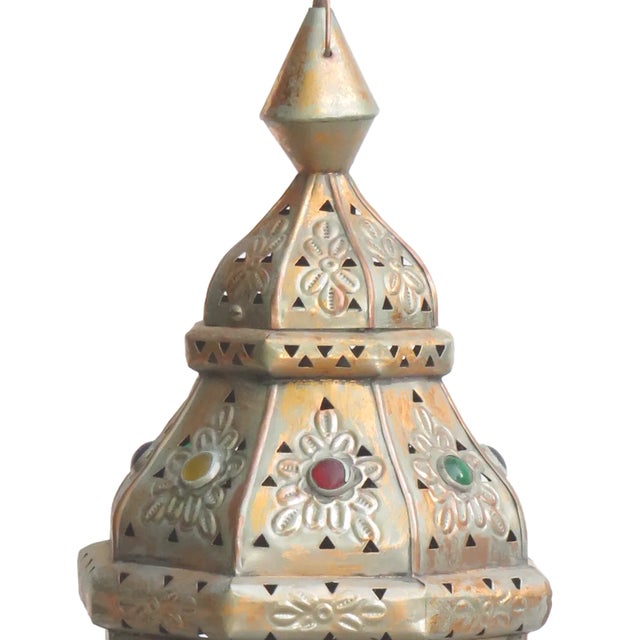 Moroccan Vintage Moroccan Pierced Metal & Glass Jewel Lantern Pendant Light Fixture For Sale - Image 3 of 5