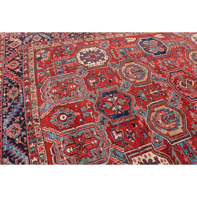 Antique Heriz Rug With Red Field, Geometric Tribal Motifs and Navy Blue Border 9'2 X 11'10 For Sale - Image 15 of 17