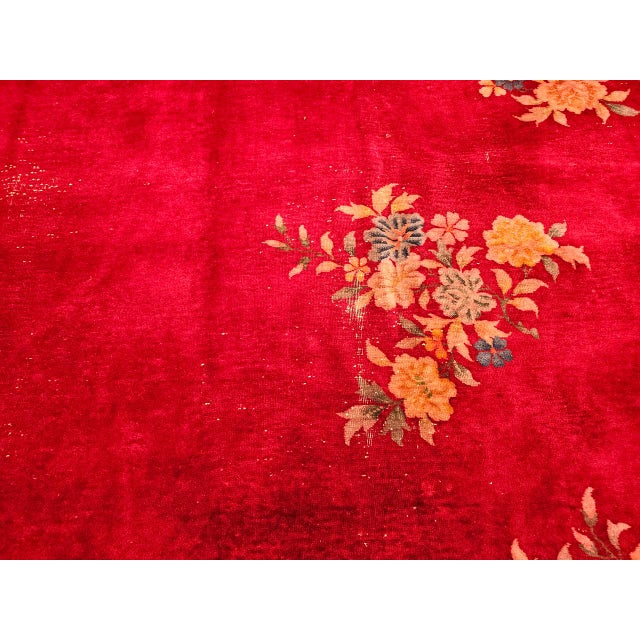 Antique Chinese Art Deco Rug, Hand-Knotted Wool, Crimson Floral Design, 10x14 For Sale - Image 4 of 18