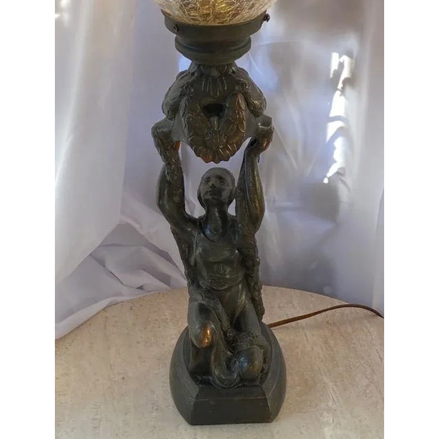 Art Deco 1920s Art Deco Joan of Arc Table Lamp, Orig Crackle Glass Shade La Belle Specialty Co For Sale - Image 3 of 12