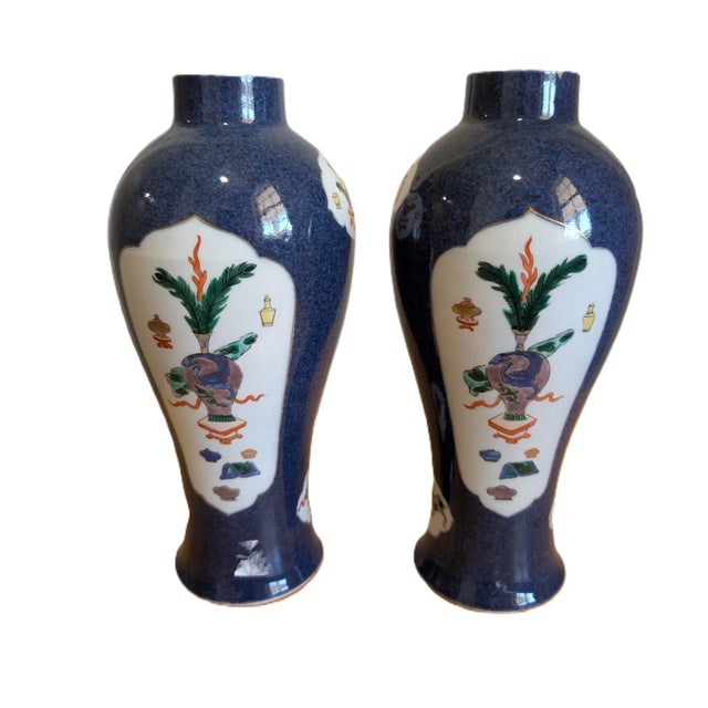 Chinese A Pair of Antique Chinese Power Blue Wucai Character Porcelain Vases For Sale - Image 3 of 9