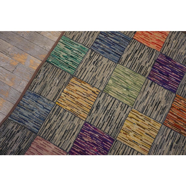 1930s Multicolor Checks Folk Art Antique American Hooked Rug 3' X 5' Handknotted Cotton Wool Carpet For Sale - Image 4 of 6