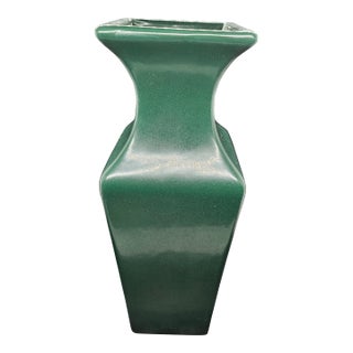 Vintage Haeger Pottery Floral Hunter Green Ceramic Square Vase 12 Inch For Sale