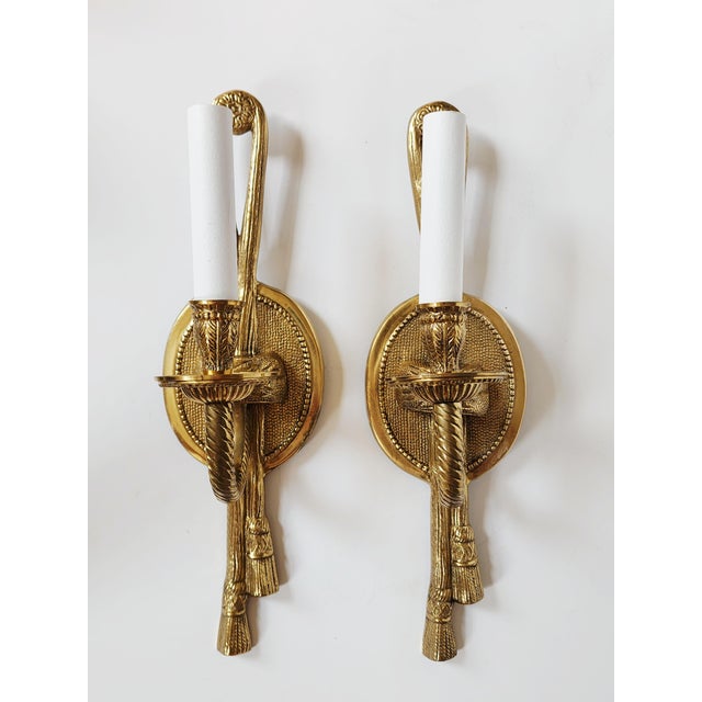 French Vintage French Neoclassical Style Brass Wall Sconces-a Pair For Sale - Image 3 of 12