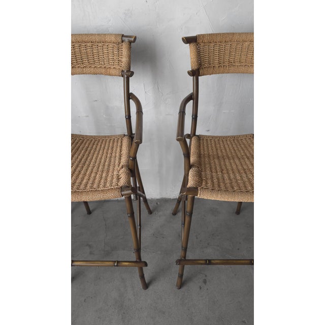 Brown Set of 4 Metal Faux Bamboo and Rope Bar Stools For Sale - Image 8 of 9
