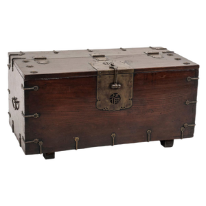 Vintage Chinese Wooden Chest with Decorations and Bronze Lock