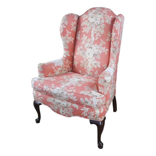 Late 20th Century Ethan Allen Queen Anne 20-7517 Floral Upholstered Sussex Wingback Armchair For Sale