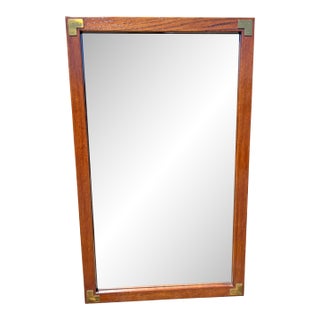 Vintage Henredon Style Campaign Wall Mirror With Brass Accents on Wood For Sale