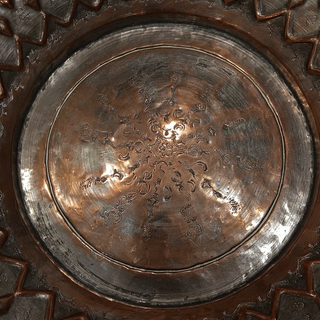 Vintage Egytian Hammered Sculptured Copper Platter/ Bowl With French Fluer- De- Lis and Bee Symbol For Sale - Image 12 of 18
