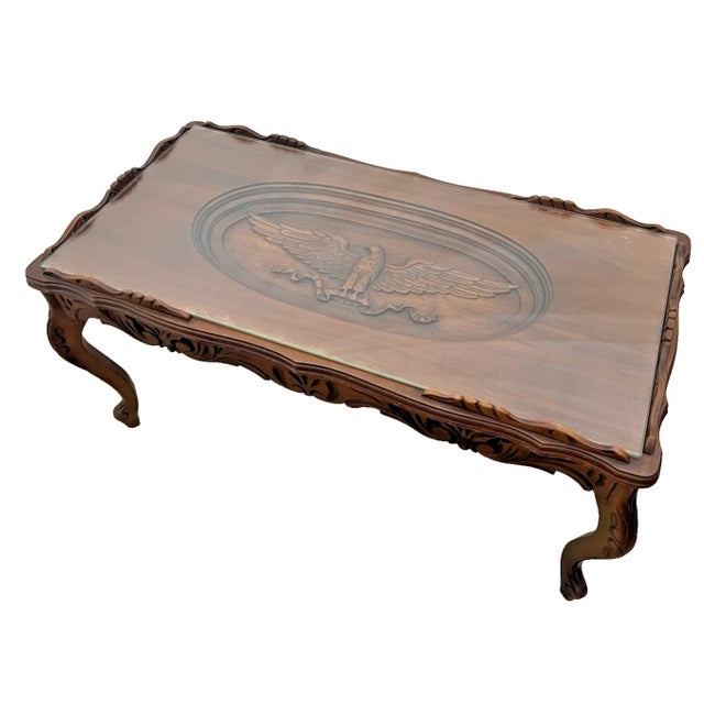 1960s 1960s Cocktail Coffee Table Colonial Revival Carved Eagle Glass Top Cabriole Legs For Sale - Image 5 of 12