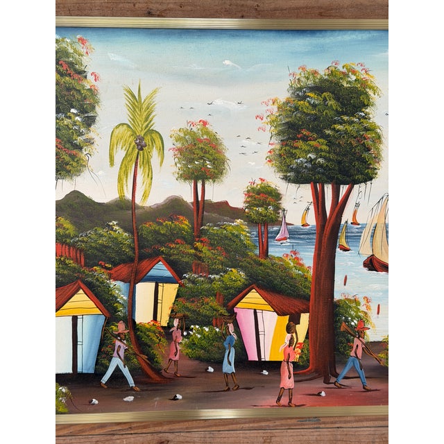 Vintage Large Haitian Naïve Art Coastal Village Landscape Painting by Jacky Salomon For Sale - Image 4 of 12
