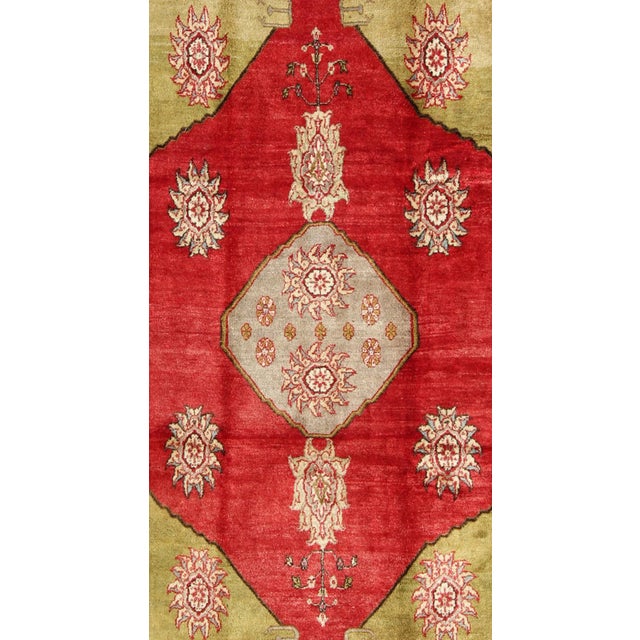Turkish Vintage Konya Rug With Medallion in Red, Lime Green, Gray, Yellow, and Ivory. Country of Origin: Turkey; Type:...