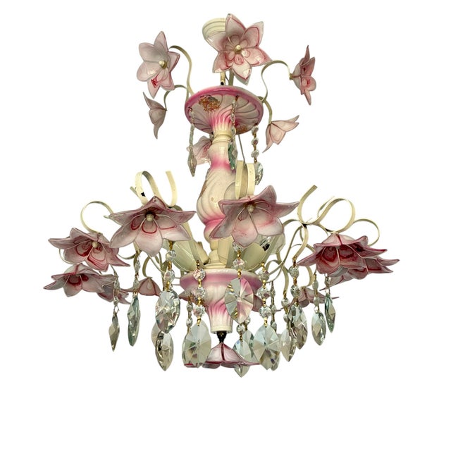 1980s Italian Murano Style Pink Floral Glass Chandelier With Crystals For Sale - Image 9 of 18