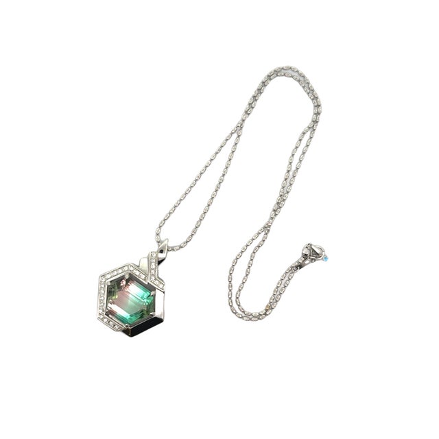 23.32 Carat Bi-Color Tourmaline Diamond Platinum Hexagon Pendant For Sale - Image 4 of 5