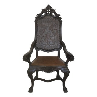 Rustic Spanish Style Hand Carved Wood and Embossed 2 Colors Leather Chair For Sale