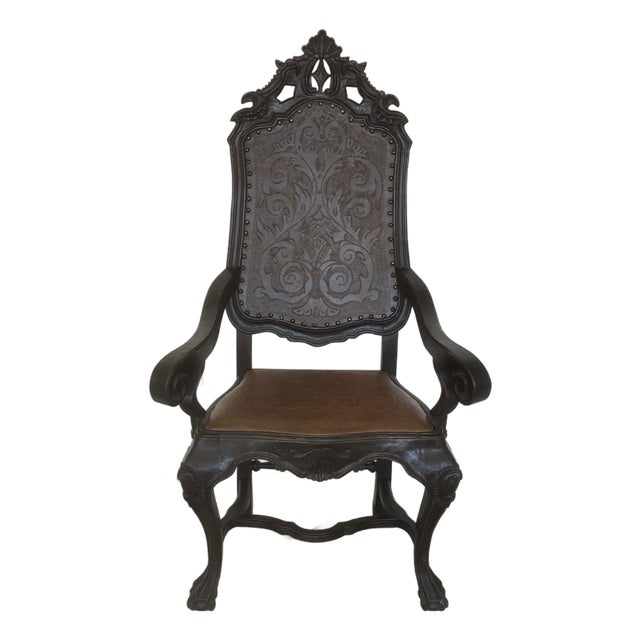 Rustic Spanish Style Hand Carved Wood and Embossed 2 Colors Leather Chair For Sale