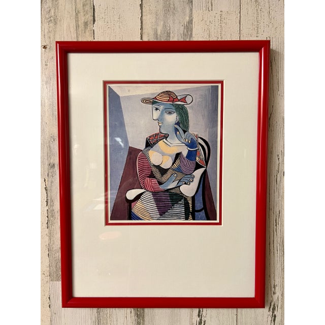 Abstract Picasso Style Portrait Print. Originally from a 1970s calendar that was cut and matted. Red lacquer metal frame...