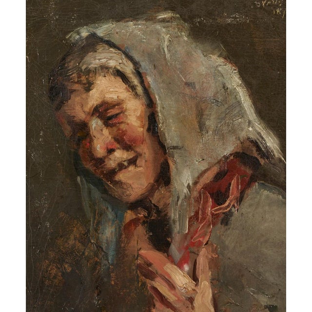 Realism Early 20th Century J. Alden Weir O/C Painting, Peasant Woman Laughing For Sale - Image 3 of 7