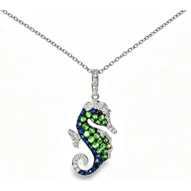 Contemporary Late 20th Century 14K White Gold Seahorse Tsavorite Sapphire Pendant Estate by EFFY For Sale - Image 3 of 3
