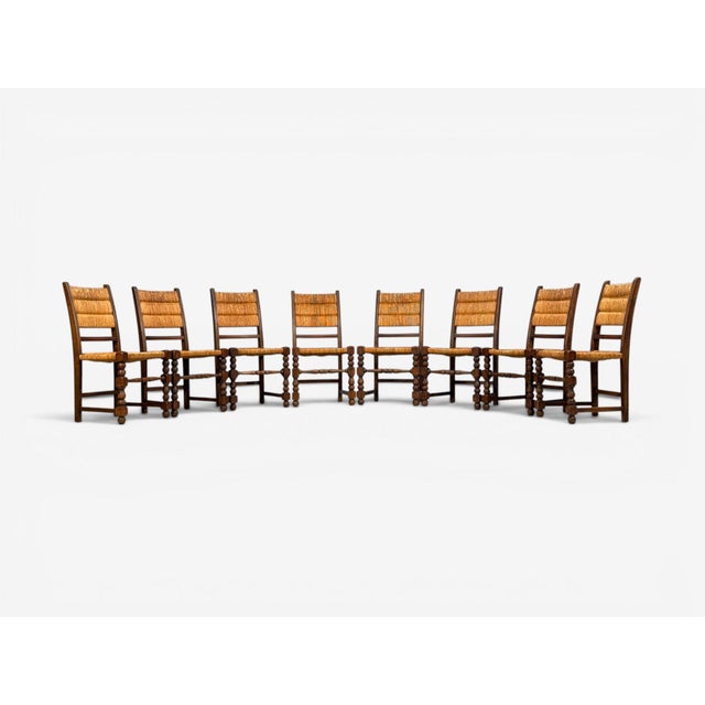 1940s Charles Dudouyt Style, Eight Rustic Dining Chairs, Oak, Rush, France, 1940s For Sale - Image 5 of 10