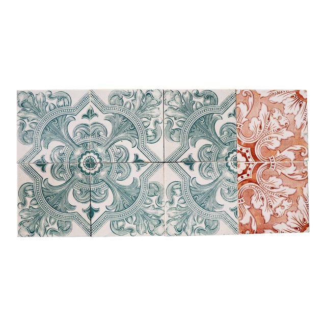 Art Deco Tiles Set of Eight Large Portuguese Green & Terracotta Ornamental Design c.1920s For Sale