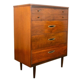 Mid Century Danish Modern Highboy Dresser Walnut 4 Drawer Danish MCM Vintage 60s For Sale