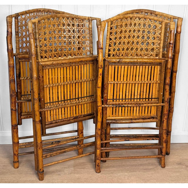 Vintage 1970s Coastal Rattan Bamboo Folding Bistro Chairs - Set of 4 For Sale - Image 6 of 12