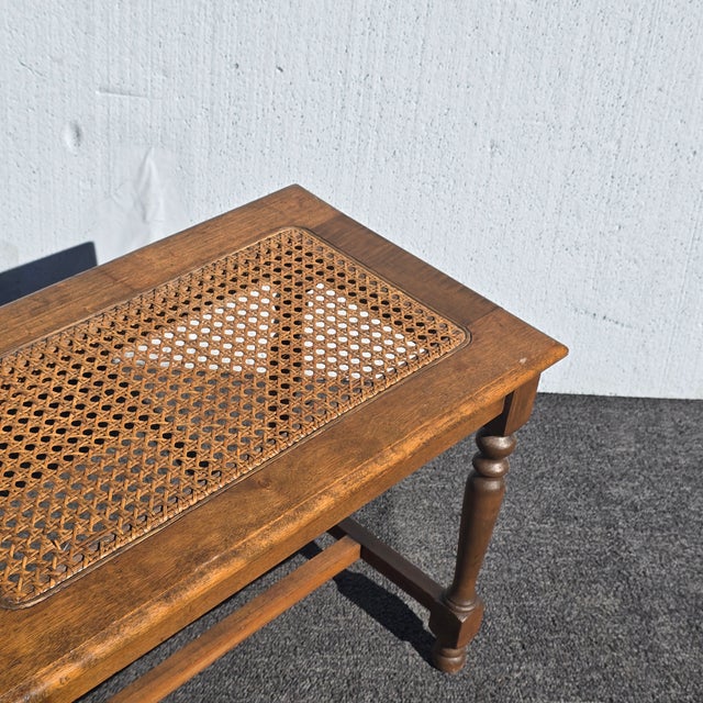 Wood Vintage French Country Brown Cane PIano Bench Stool For Sale - Image 7 of 14