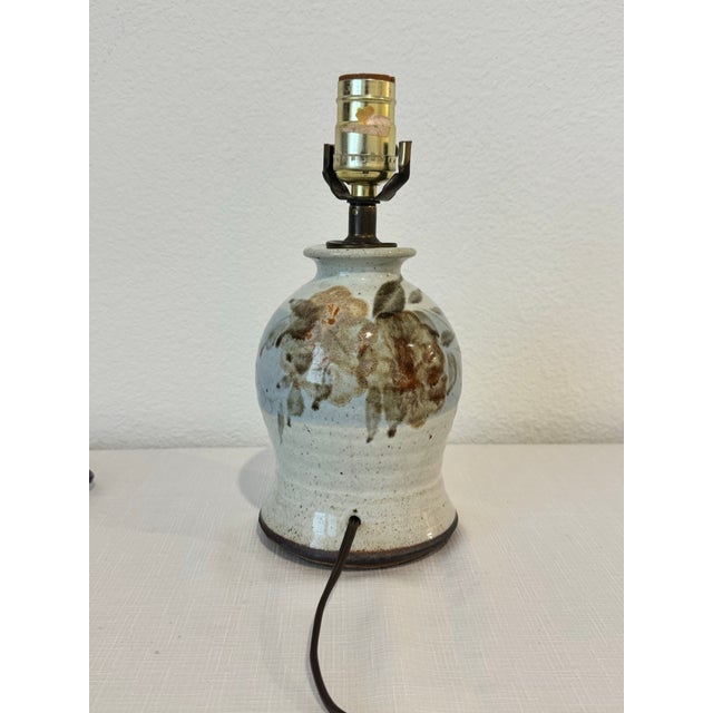1980s Vintage Small Studio Pottery Table Lamp With Abstract Floral Accents For Sale - Image 5 of 8