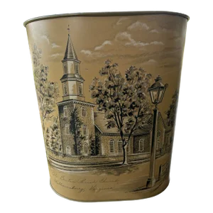 1950s Cheinco Metal Waste Paper Basket of Bruton Parish Church in Williamsburg Va Signed Robert F. Sadlier