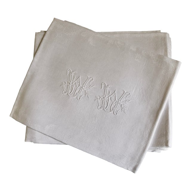 Vintage French Extra Large Damask Linen Napkins Monogrammed Set of 12