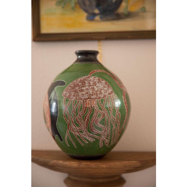 Douglas Lopez, Nicaraguan Artist, Sgraffito Pottery Vase w/ Octopus, Whale, and Jellyfish. 7.25" x 9.3"