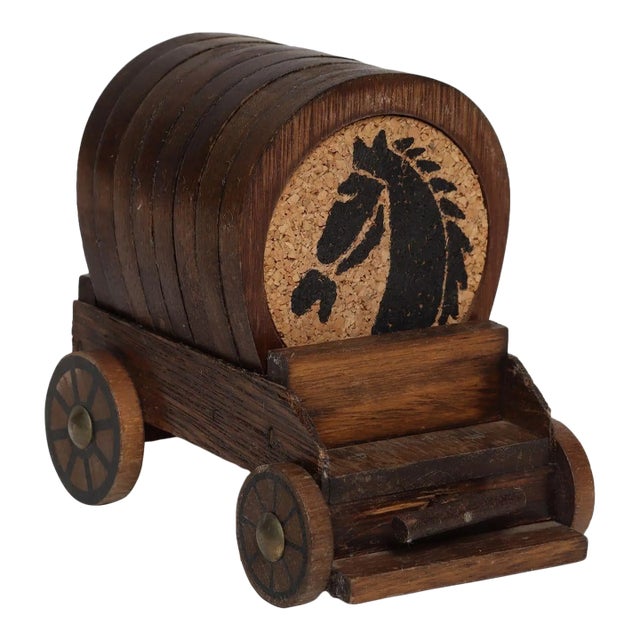 Vintage Western Set of Eight Horse Motif Coasters With Covered Wagon Carrier For Sale