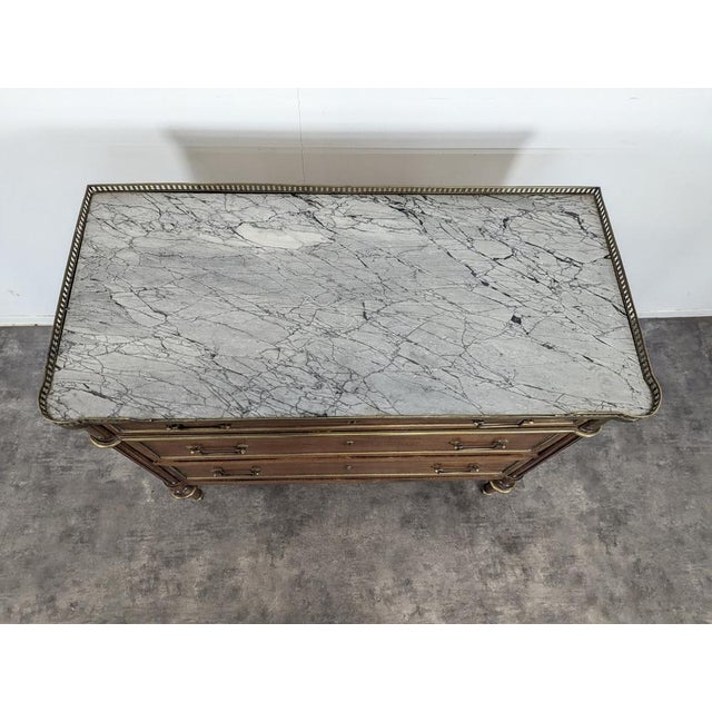 Louis XVI Mahogany Commode with Marble Top and Brass Gallery For Sale - Image 3 of 9