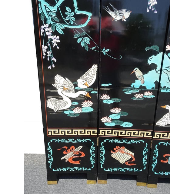 1970s Vintage Oriental Asian Blue Coromandel Four Panel Screen Room Divider W Swans For Sale - Image 5 of 12