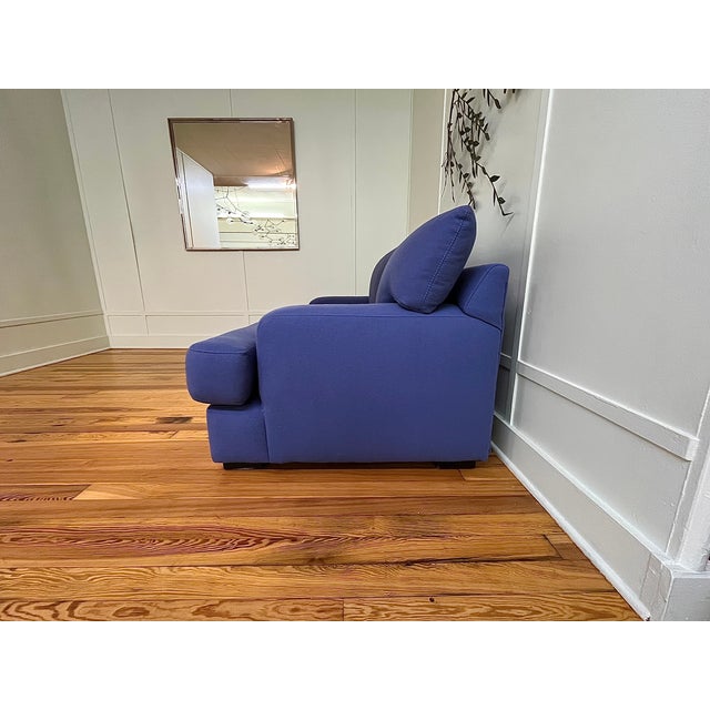 Modern Custom Modern Upholstered Loveseat in Italian Blue Felted Wool With Luggage Stitching For Sale - Image 3 of 5