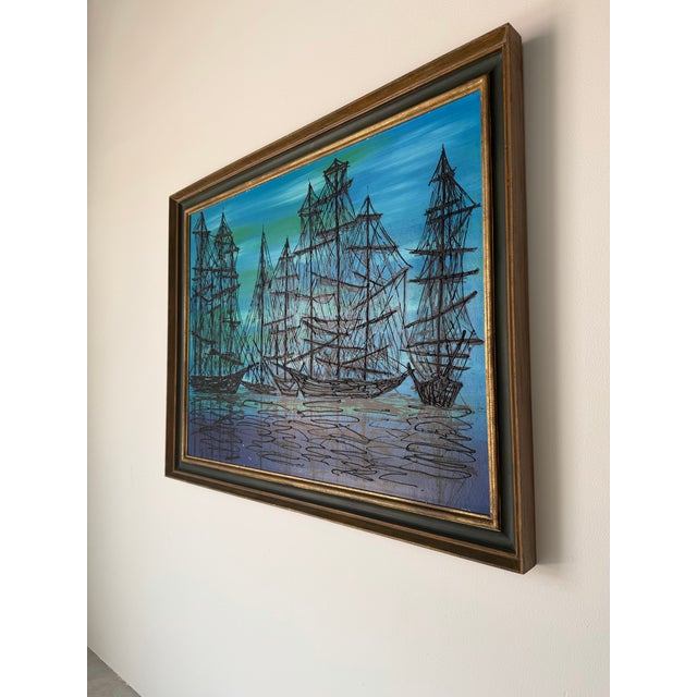 Mid-Century Modern 1970s Mid-Century Modern Harbor Boats Landscape Acrylic Painting on Board, Signed For Sale - Image 3 of 12