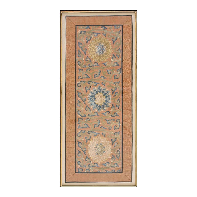1890s Peach Floral Medallions Antique Chinese Carpet Silk Embroidery 1'6'' X 4' Rug For Sale