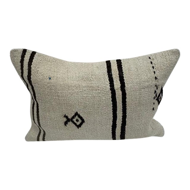 Turkish Hemp Pillow Cushion Natural Beige Black Pillow Cushion Cover 16" x 24" For Sale