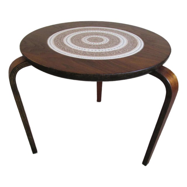 1960s Mid Century Alvar Aalto Style End Table With Inlay Ceramic Top For Sale