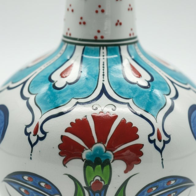 Handmade Ceramic Long-Neck Vase (25cm) – Turquoise Scallop Shoulder & Red Dots – Iznik Decor For Sale - Image 4 of 8