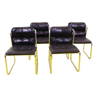 Chrome Metal Chairs with Black Faux Leather, Set of 4 For Sale