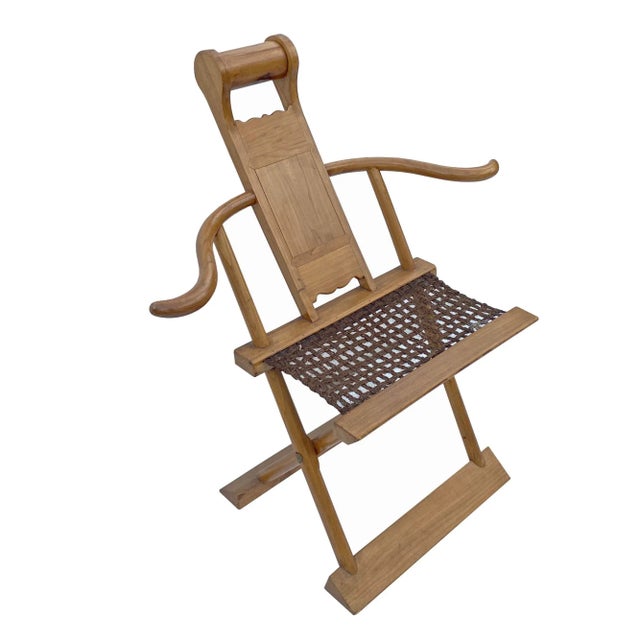 Chinoiserie Chinese Elm Wood Wool Seat Wide Arm Folding Armchair For Sale - Image 3 of 8