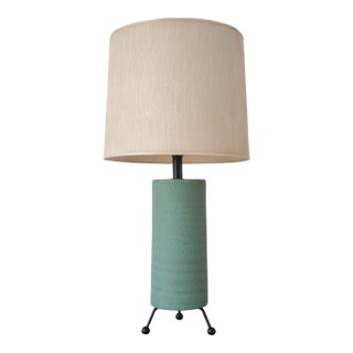 Mid Century Modern Green Ceramic Cylinder Table Lamp With Metal Tripod Base For Sale