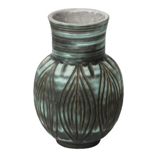 Mid-Century Modernist Linear Grooved Teal/Smoked Umber Vase by Design Techniques For Sale