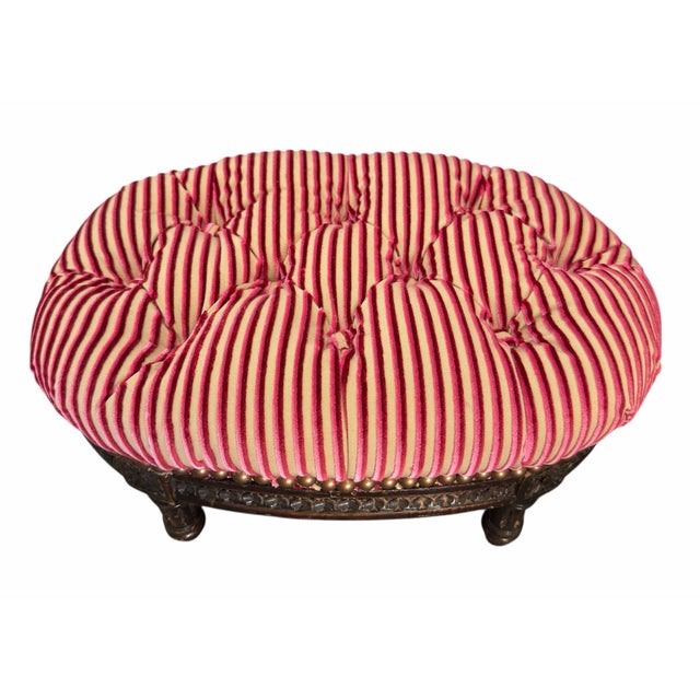 French Antique Lions XVI Carved Walnut Silk Velvet Tufted Petite Footstool Ottoman For Sale - Image 3 of 5