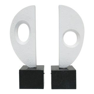 White Plaster Abstract Sculptures or Bookends on Black Marble Bases - a Pair For Sale